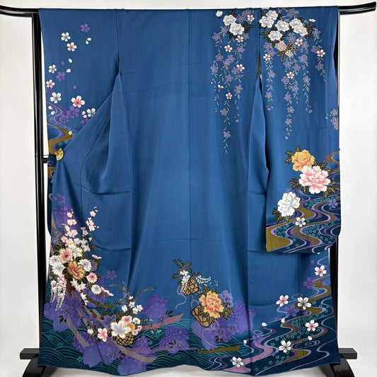 振袖禮服 身長163.5cm 袖長64cm M 雙層 花籠 波 金銀彩 漸層 深藍 純蠶絲 秀品級