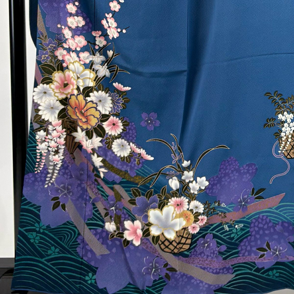 振袖禮服 身長163.5cm 袖長64cm M 雙層 花籠 波 金銀彩 漸層 深藍 純蠶絲 秀品級