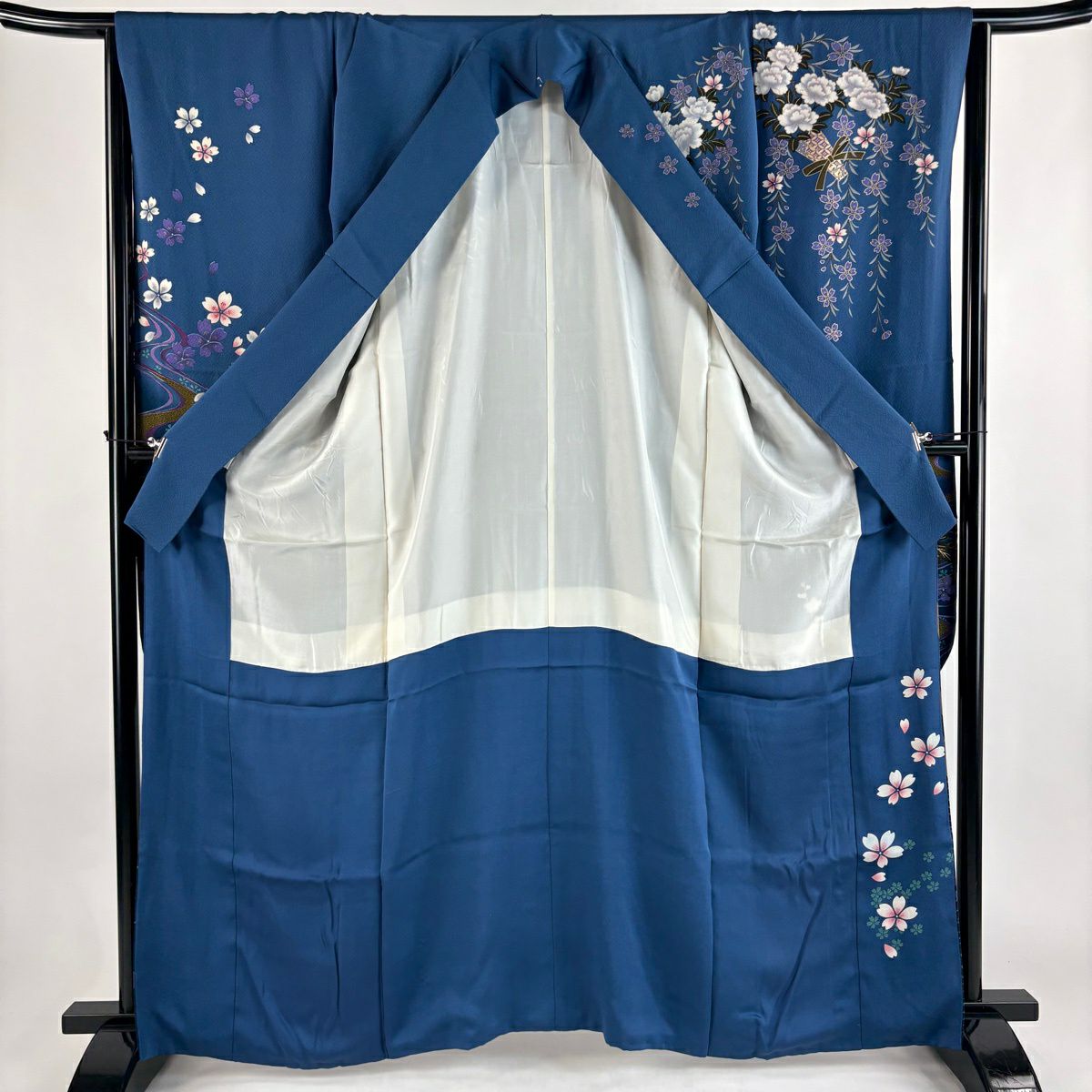 振袖禮服 身長163.5cm 袖長64cm M 雙層 花籠 波 金銀彩 漸層 深藍 純蠶絲 秀品級