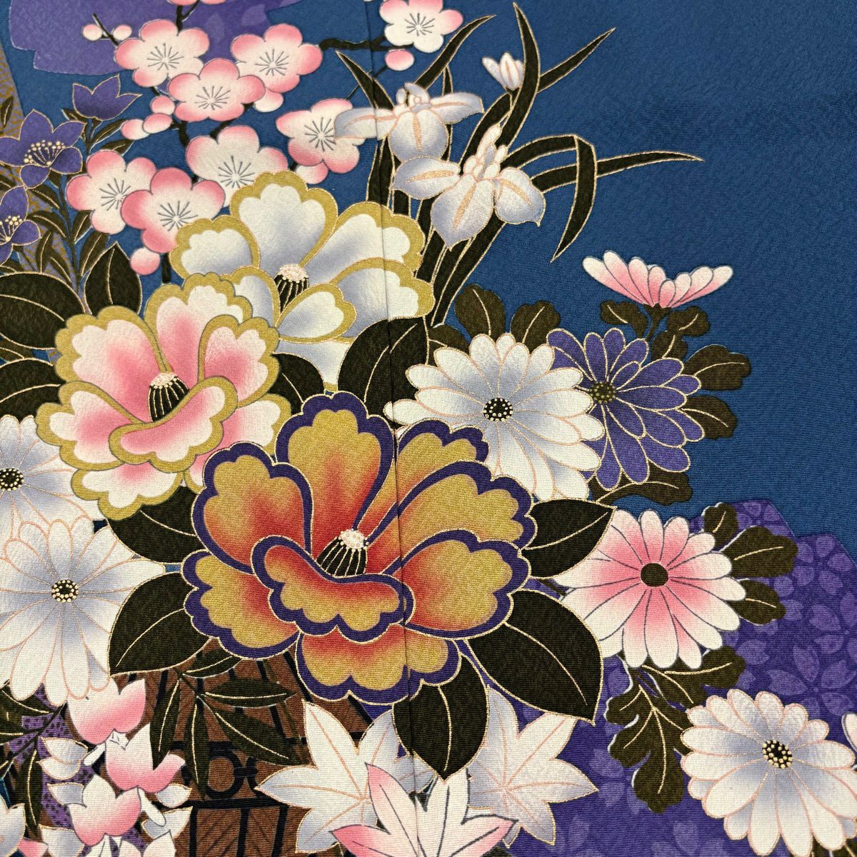 振袖禮服 身長163.5cm 袖長64cm M 雙層 花籠 波 金銀彩 漸層 深藍 純蠶絲 秀品級