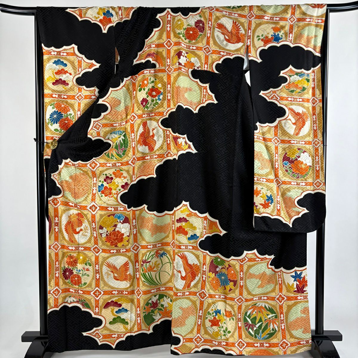 振袖禮服 身長165.5cm 袖長66.5cm M 雙層 花鳥 格天井 金絲 金銀彩 黑 純蠶絲 秀品級