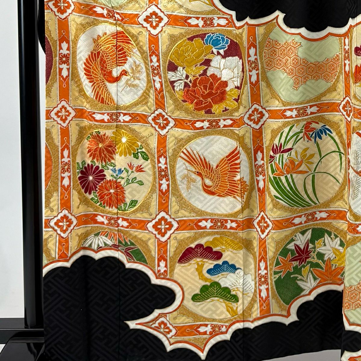 振袖禮服 身長165.5cm 袖長66.5cm M 雙層 花鳥 格天井 金絲 金銀彩 黑 純蠶絲 秀品級