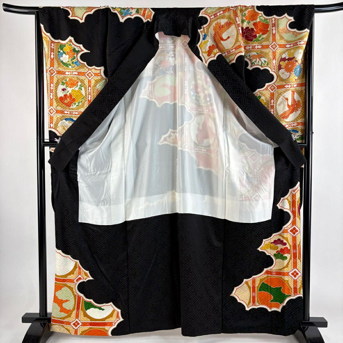 振袖禮服 身長165.5cm 袖長66.5cm M 雙層 花鳥 格天井 金絲 金銀彩 黑 純蠶絲 秀品級