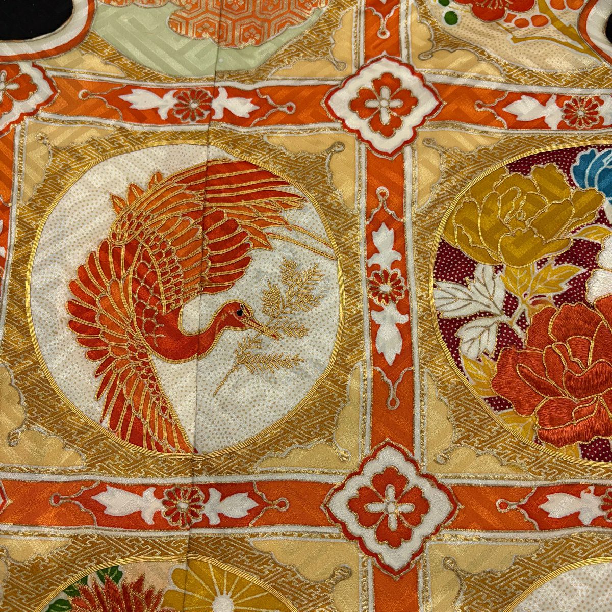 振袖禮服 身長165.5cm 袖長66.5cm M 雙層 花鳥 格天井 金絲 金銀彩 黑 純蠶絲 秀品級