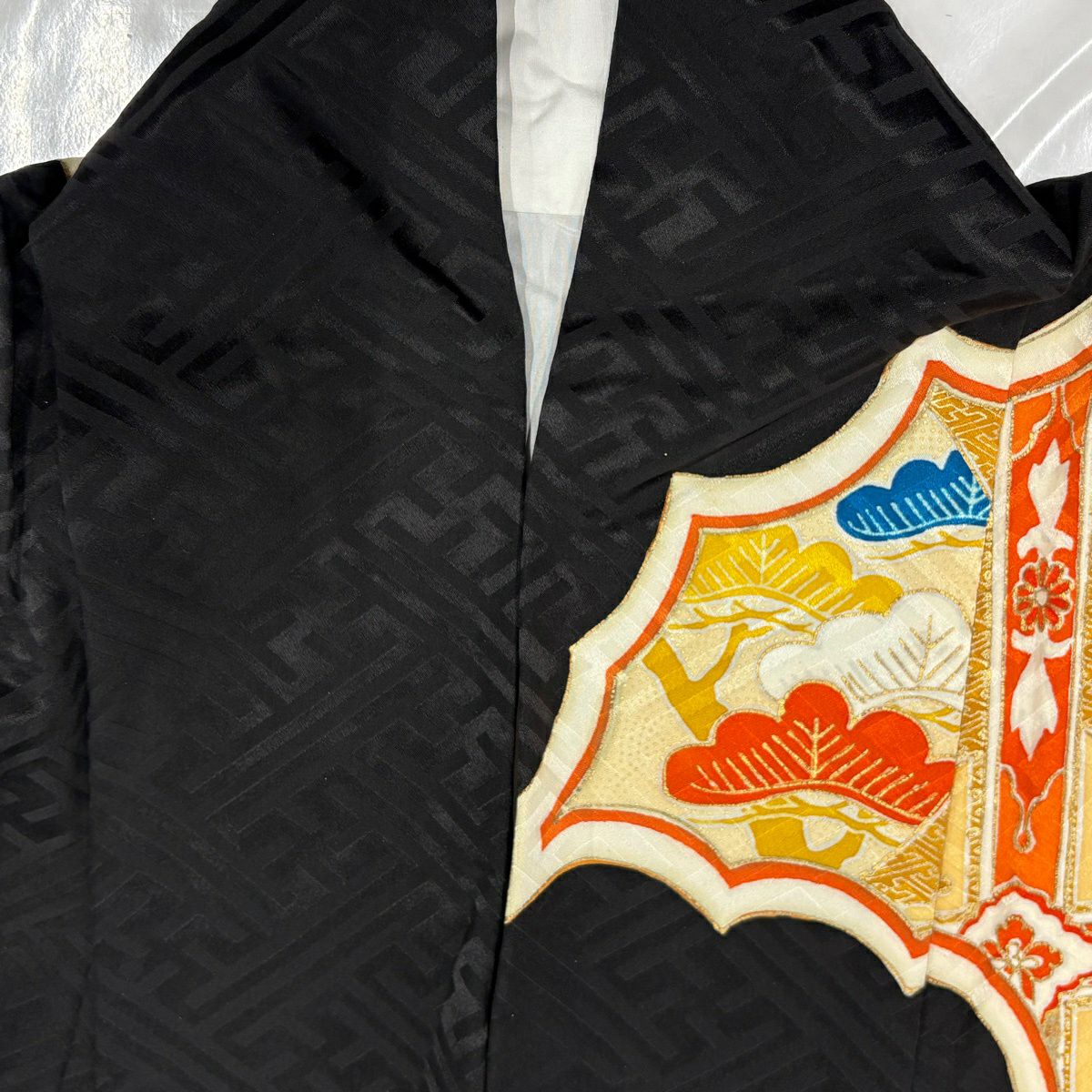 振袖禮服 身長165.5cm 袖長66.5cm M 雙層 花鳥 格天井 金絲 金銀彩 黑 純蠶絲 秀品級