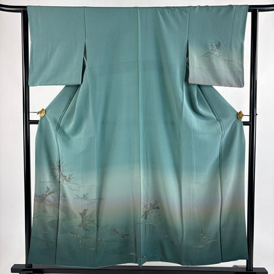 訪問服 身長155cm 袖長62.5cm S 雙層 短冊 草花紋紋 金糸刺繡 灰綠 純蠶絲 秀品級
