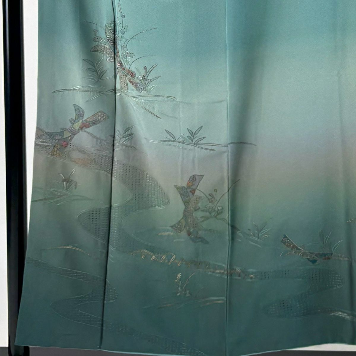 訪問服 身長155cm 袖長62.5cm S 雙層 短冊 草花紋紋 金糸刺繡 灰綠 純蠶絲 秀品級