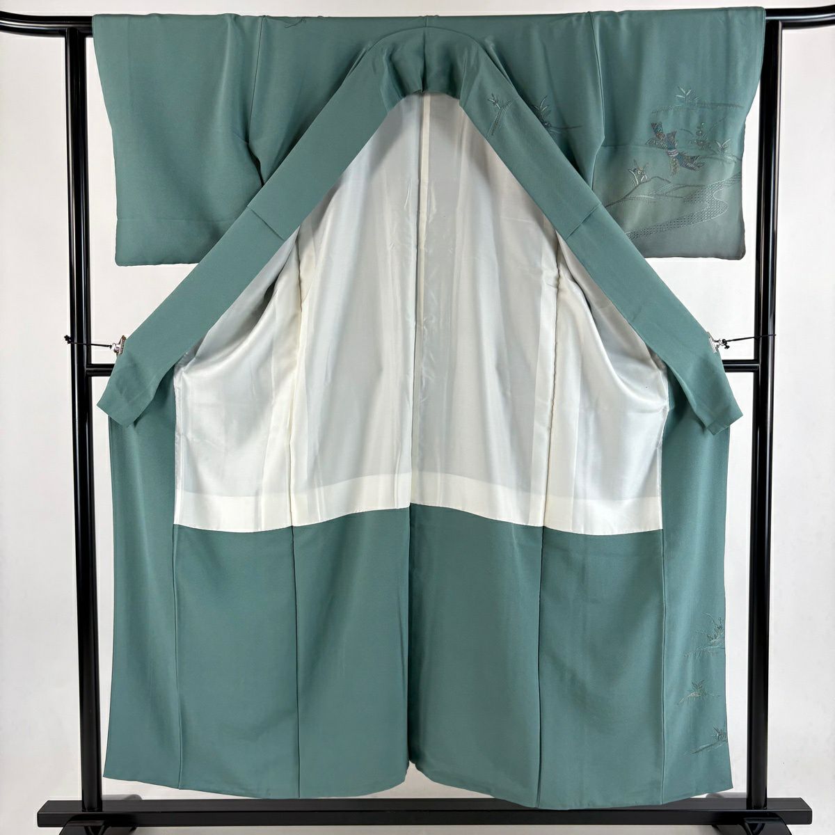 訪問服 身長155cm 袖長62.5cm S 雙層 短冊 草花紋紋 金糸刺繡 灰綠 純蠶絲 秀品級