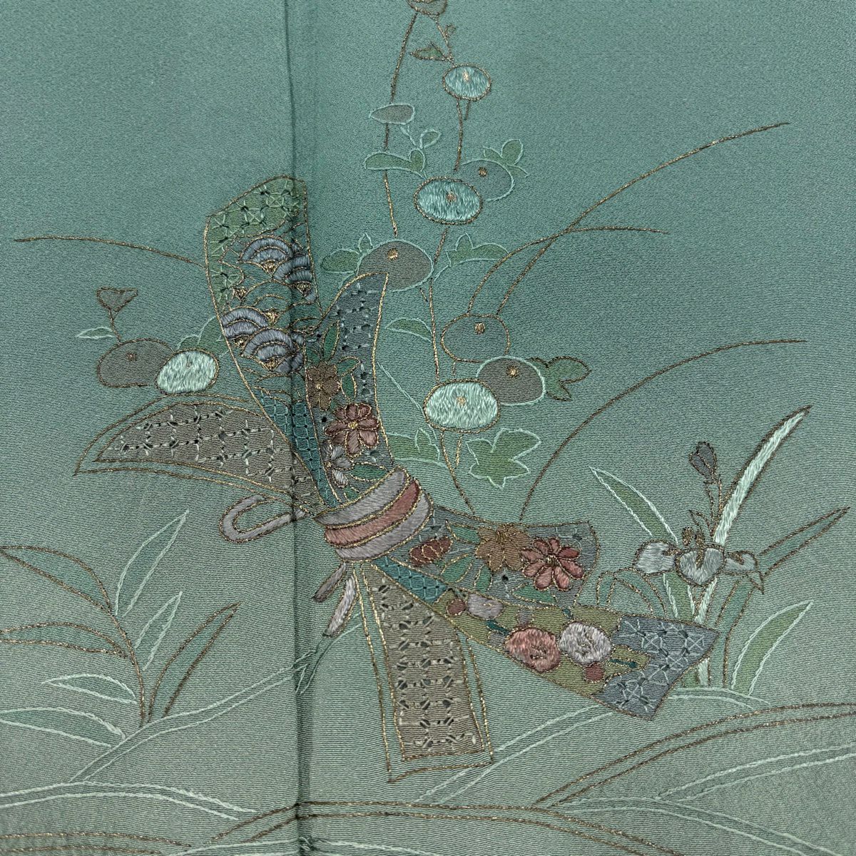 訪問服 身長155cm 袖長62.5cm S 雙層 短冊 草花紋紋 金糸刺繡 灰綠 純蠶絲 秀品級
