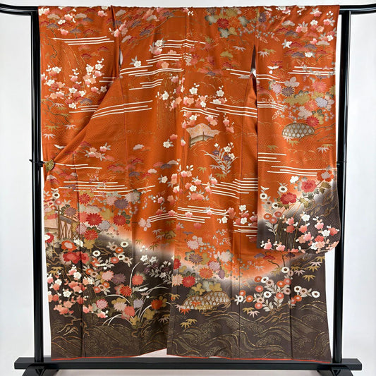 振袖禮服 身長155cm 袖長64.5cm M 單層 枝梅花 松樹竹子梅花 金銀彩 漸層 橙色 純蠶絲 優品級