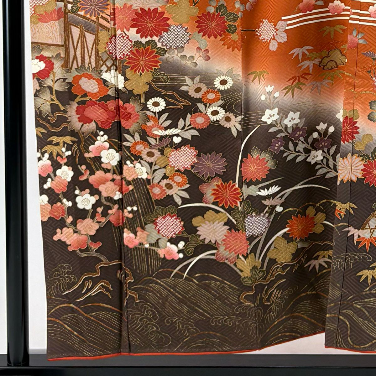 振袖禮服 身長155cm 袖長64.5cm M 單層 枝梅花 松樹竹子梅花 金銀彩 漸層 橙色 純蠶絲 優品級