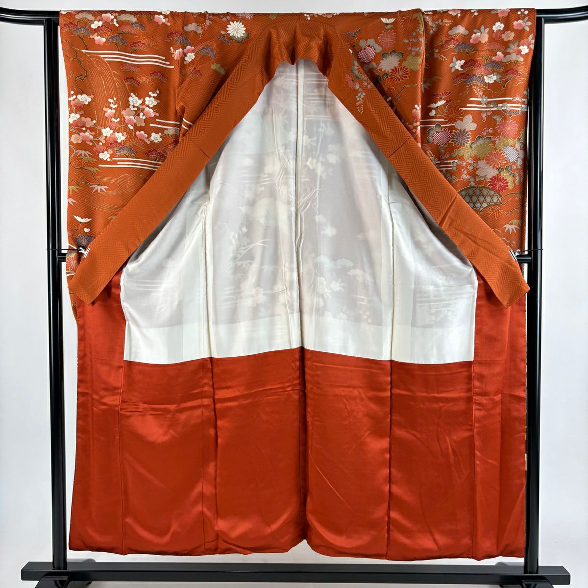 振袖禮服 身長155cm 袖長64.5cm M 單層 枝梅花 松樹竹子梅花 金銀彩 漸層 橙色 純蠶絲 優品級