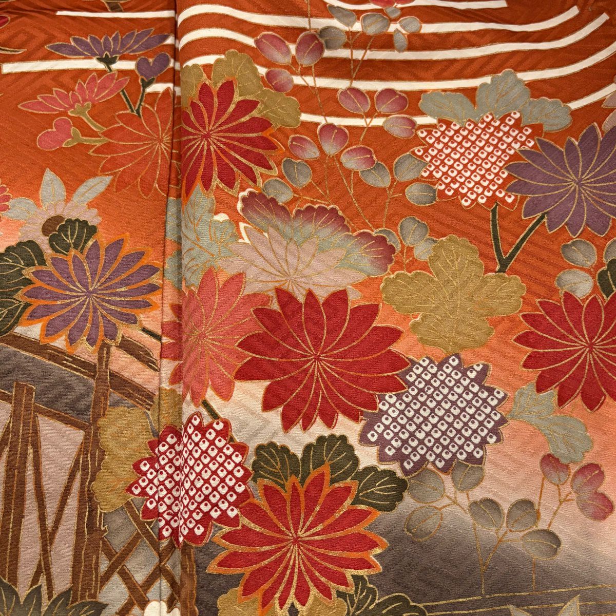 振袖禮服 身長155cm 袖長64.5cm M 單層 枝梅花 松樹竹子梅花 金銀彩 漸層 橙色 純蠶絲 優品級
