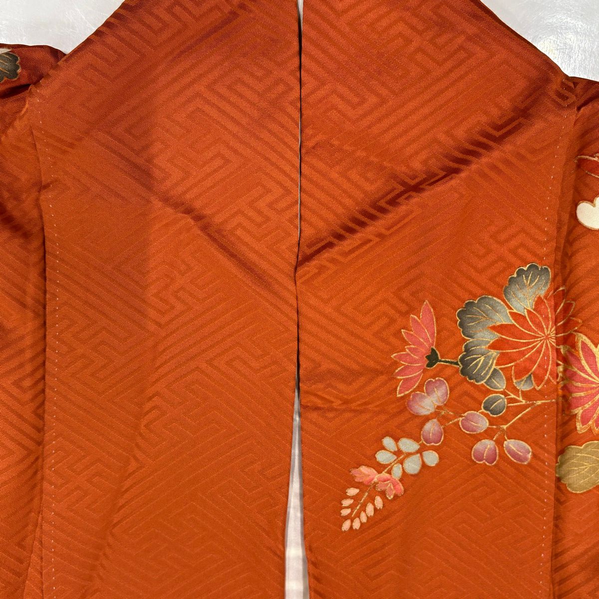 振袖禮服 身長155cm 袖長64.5cm M 單層 枝梅花 松樹竹子梅花 金銀彩 漸層 橙色 純蠶絲 優品級