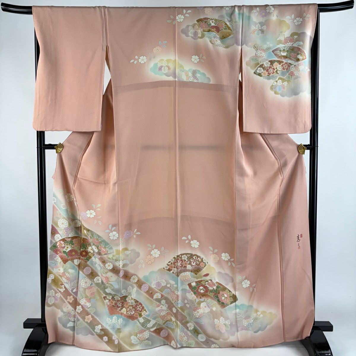 訪問服 身長168cm 袖長68.5cm L 雙層 松樹井青青 落款有 扇子面 菊花花 金銀彩 金絲 粉色 純蠶絲 優品級