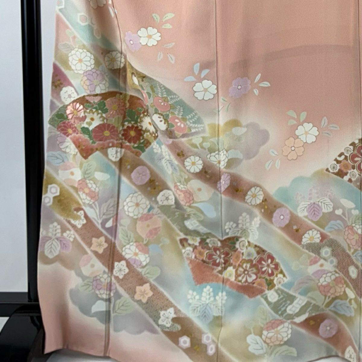訪問服 身長168cm 袖長68.5cm L 雙層 松樹井青青 落款有 扇子面 菊花花 金銀彩 金絲 粉色 純蠶絲 優品級