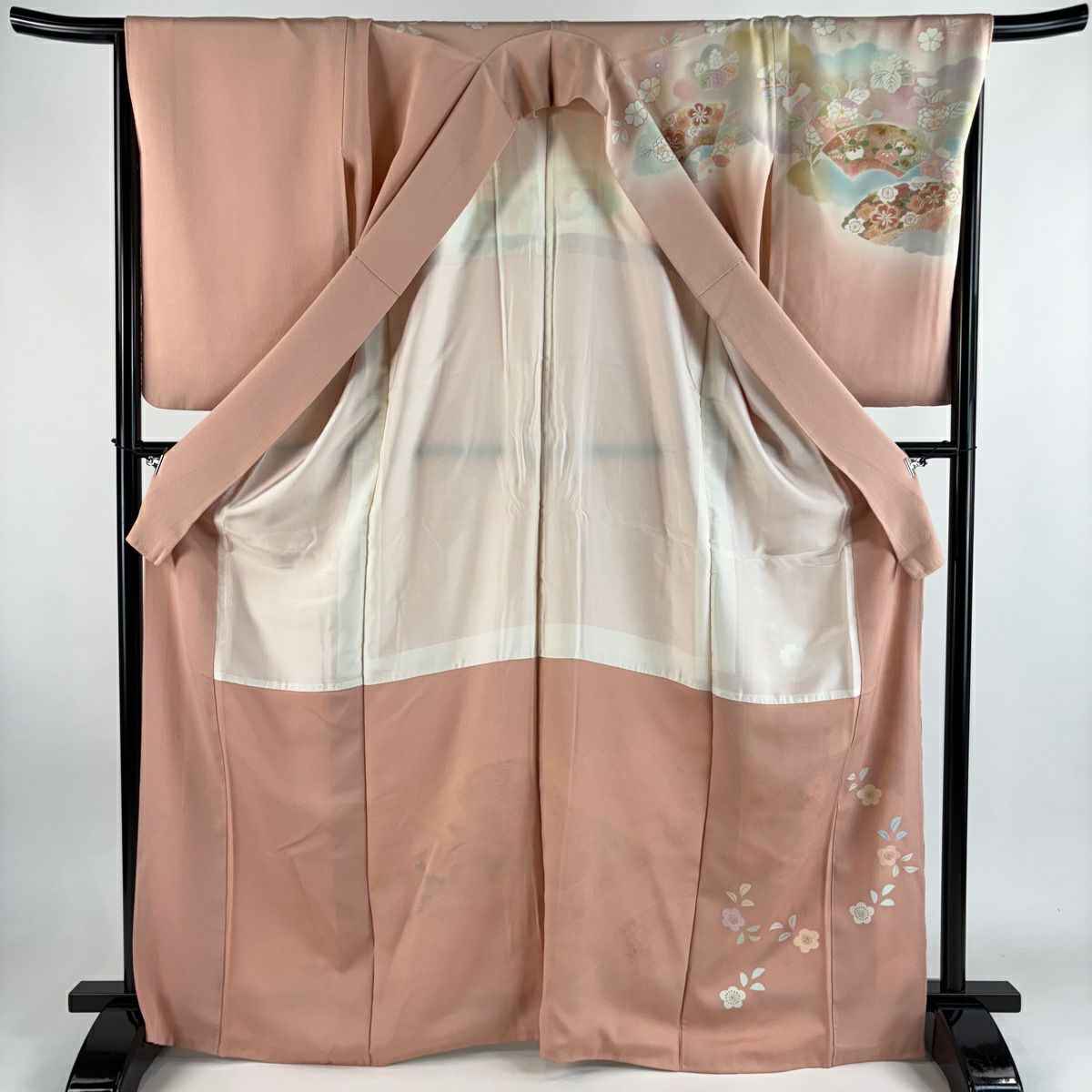 訪問服 身長168cm 袖長68.5cm L 雙層 松樹井青青 落款有 扇子面 菊花花 金銀彩 金絲 粉色 純蠶絲 優品級