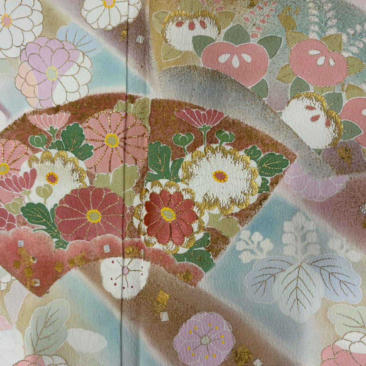 訪問服 身長168cm 袖長68.5cm L 雙層 松樹井青青 落款有 扇子面 菊花花 金銀彩 金絲 粉色 純蠶絲 優品級