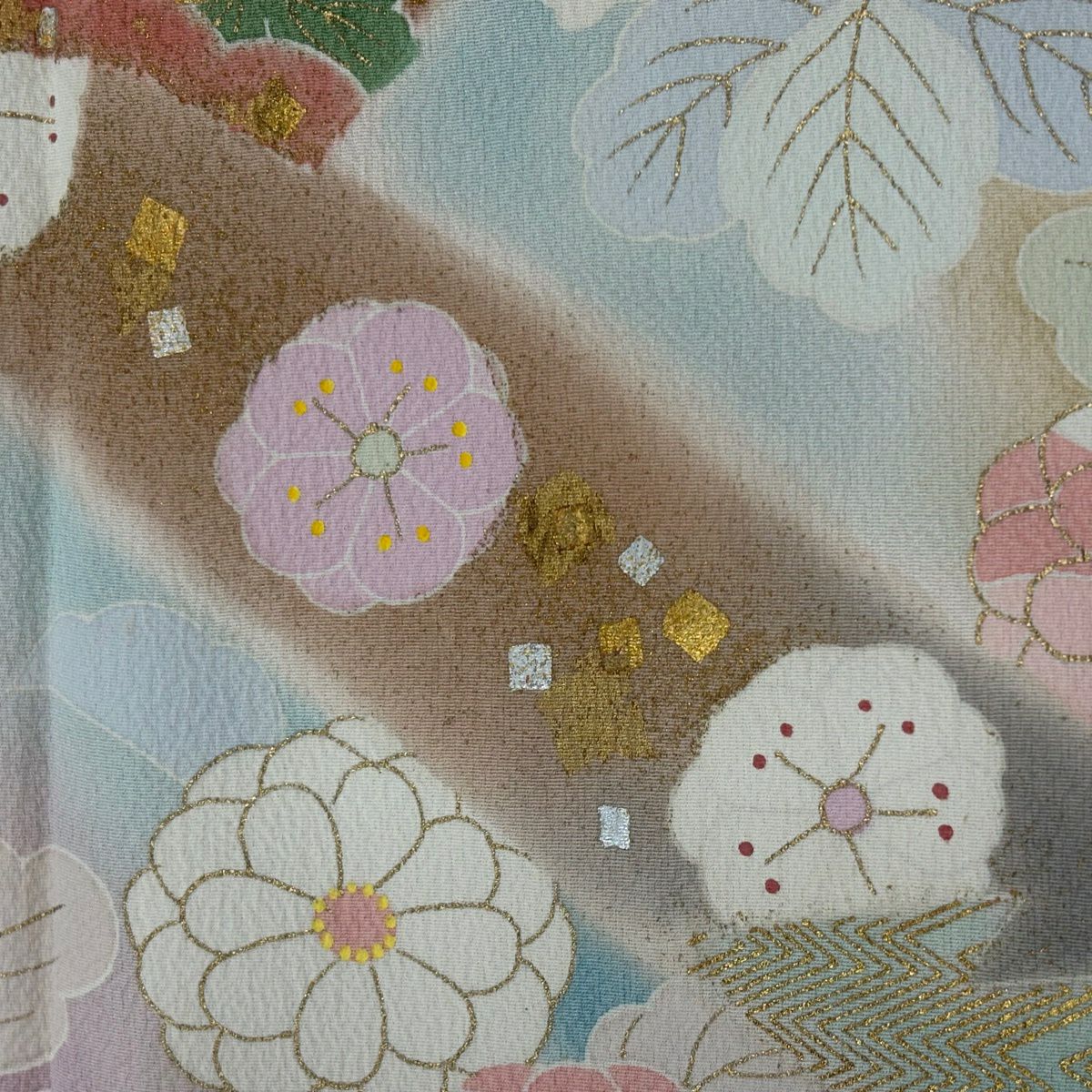 訪問服 身長168cm 袖長68.5cm L 雙層 松樹井青青 落款有 扇子面 菊花花 金銀彩 金絲 粉色 純蠶絲 優品級
