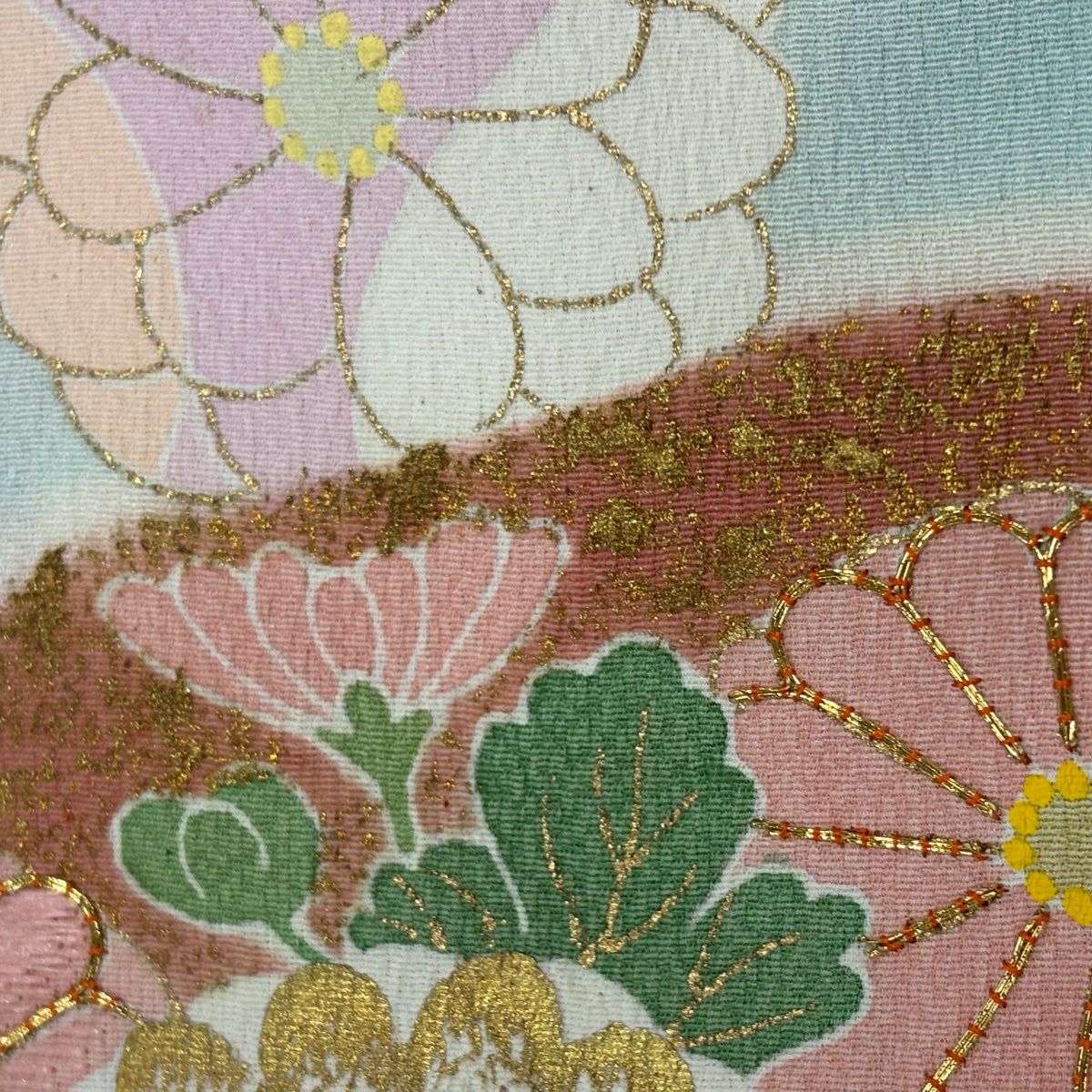 訪問服 身長168cm 袖長68.5cm L 雙層 松樹井青青 落款有 扇子面 菊花花 金銀彩 金絲 粉色 純蠶絲 優品級