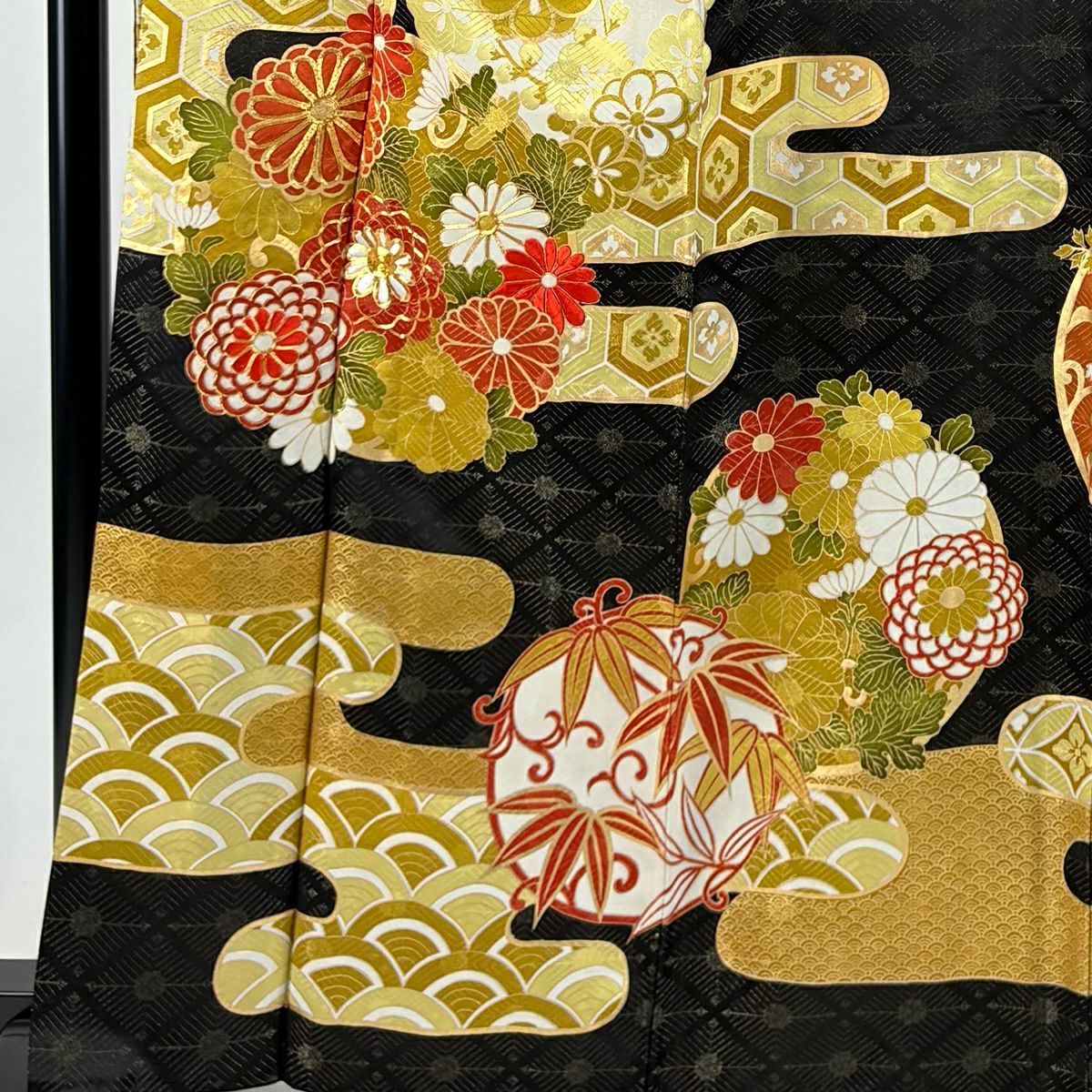 振袖禮服 身長163.5cm 袖長64.5cm M 雙層 花丸紋 有職紋樣 金通 金絲 黑 純蠶絲 優品級