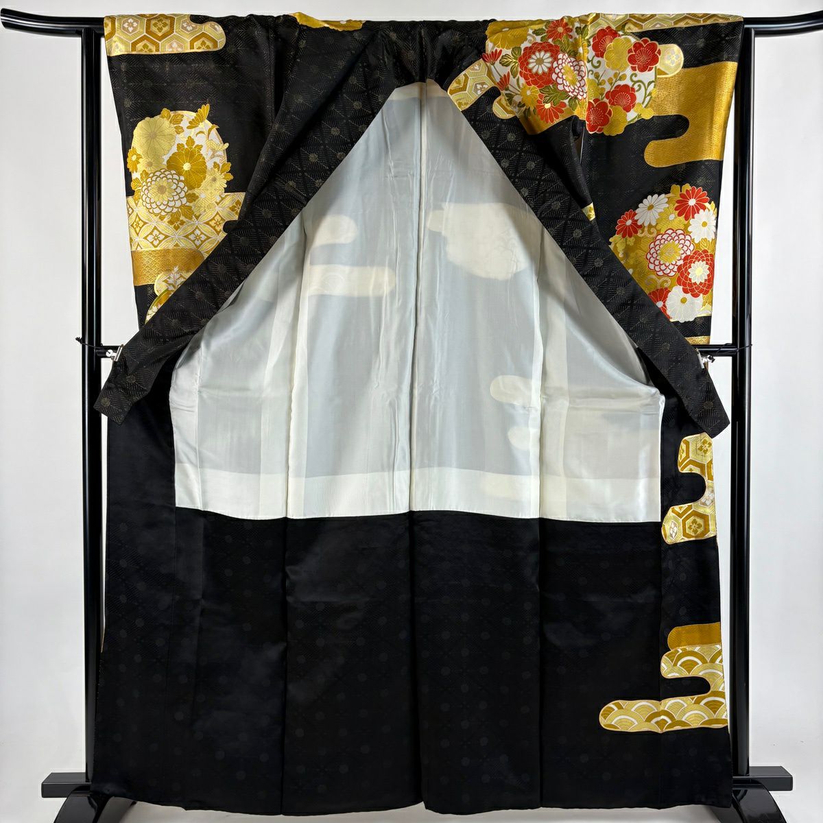 振袖禮服 身長163.5cm 袖長64.5cm M 雙層 花丸紋 有職紋樣 金通 金絲 黑 純蠶絲 優品級