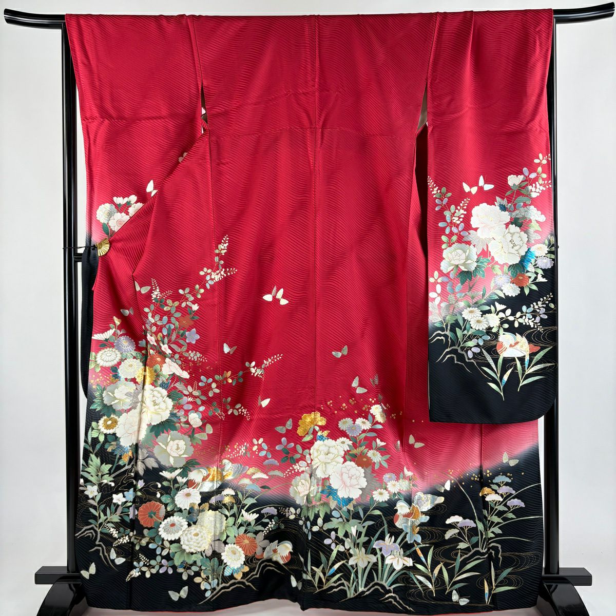 振袖禮服 身長166.5cm 袖長69cm L 雙層 牡丹 草花紋紋 金彩裝飾 染分 紅 純蠶絲 秀品級