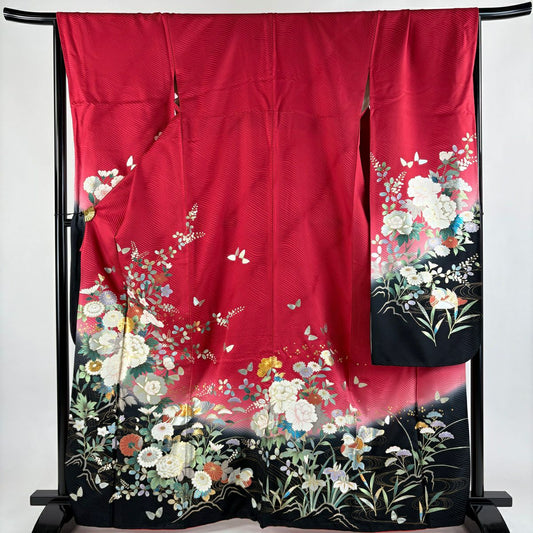 振袖禮服 身長166.5cm 袖長69cm L 雙層 牡丹 草花紋紋 金彩裝飾 染分 紅 純蠶絲 秀品級