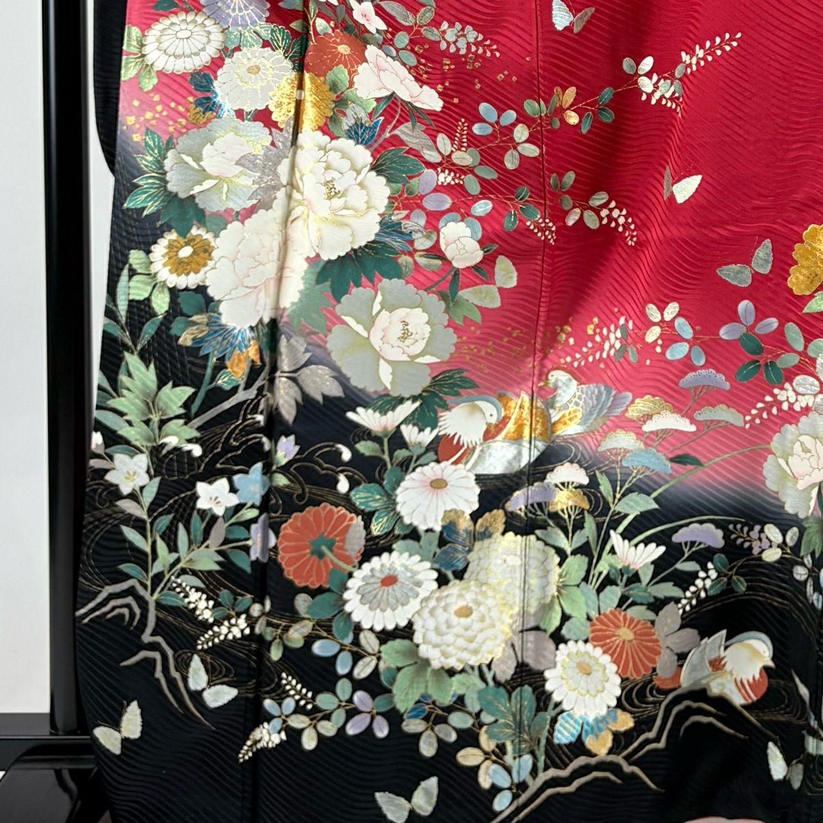 振袖禮服 身長166.5cm 袖長69cm L 雙層 牡丹 草花紋紋 金彩裝飾 染分 紅 純蠶絲 秀品級