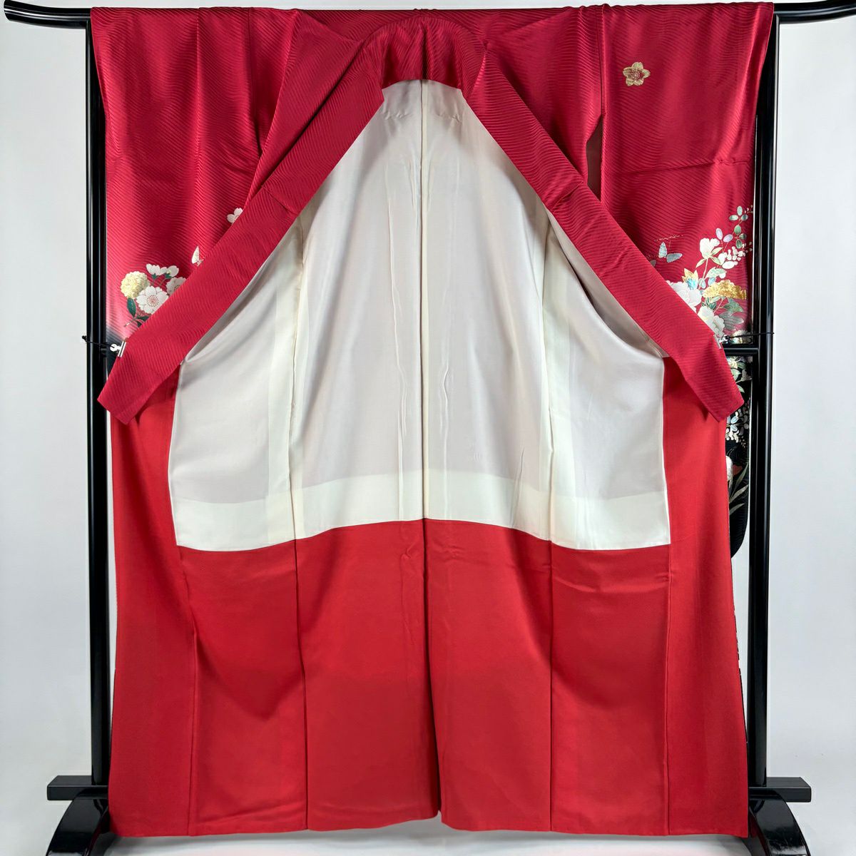 振袖禮服 身長166.5cm 袖長69cm L 雙層 牡丹 草花紋紋 金彩裝飾 染分 紅 純蠶絲 秀品級