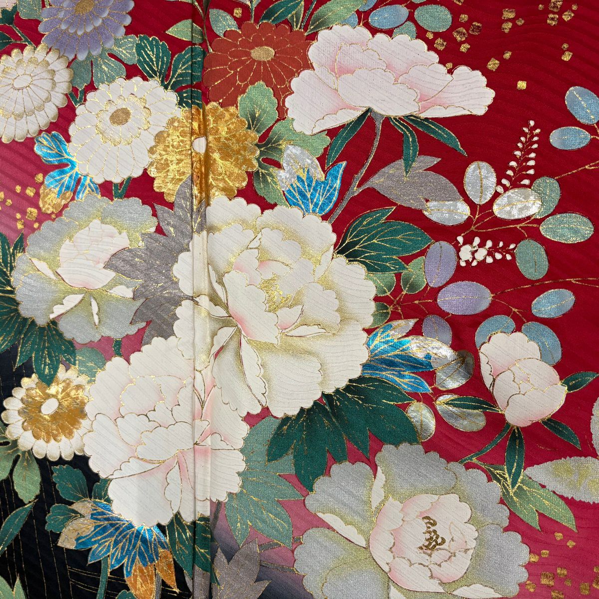 振袖禮服 身長166.5cm 袖長69cm L 雙層 牡丹 草花紋紋 金彩裝飾 染分 紅 純蠶絲 秀品級