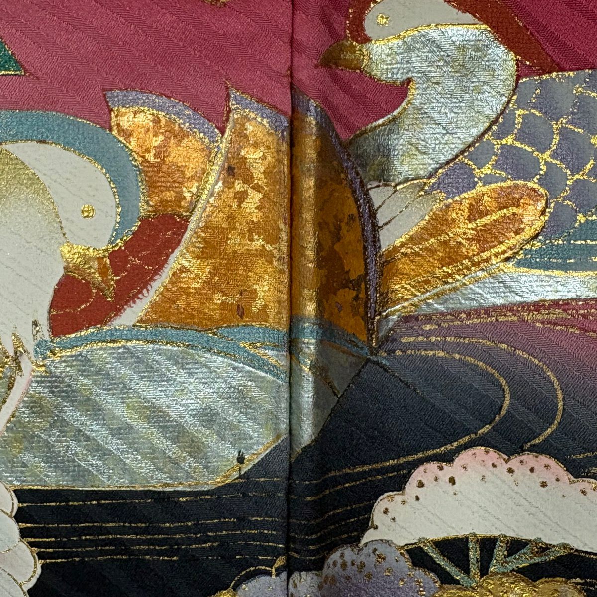 振袖禮服 身長166.5cm 袖長69cm L 雙層 牡丹 草花紋紋 金彩裝飾 染分 紅 純蠶絲 秀品級