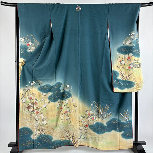 振袖禮服 身長161cm 袖長68.5cm L 雙層 大和 小舟 櫻花 金銀彩 漸層 青綠 純蠶絲 秀品級 一個紋