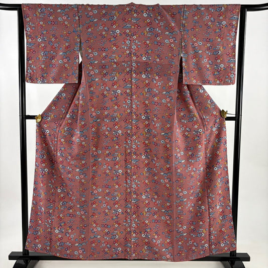 小紋 身長159.5cm 袖長63.5cm S 雙層 枝梅花 草鳥 粉米色 純蠶絲 秀品級