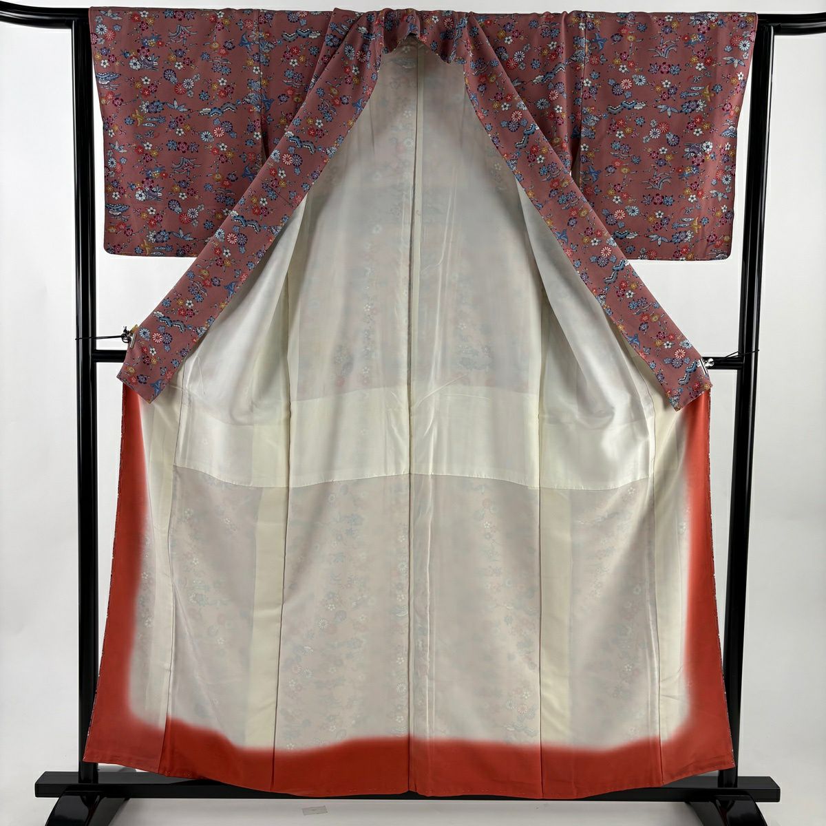小紋 身長159.5cm 袖長63.5cm S 雙層 枝梅花 草鳥 粉米色 純蠶絲 秀品級