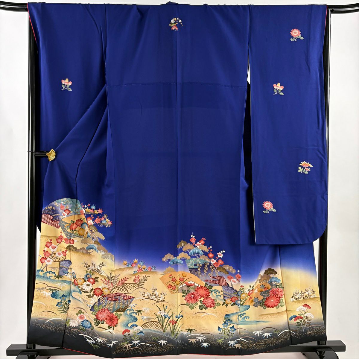 振袖禮服 身長159cm 袖長68cm L 雙層 扇子面 松樹竹子梅花 金彩裝飾 漸層 青 純蠶絲 秀品級 一つ紋