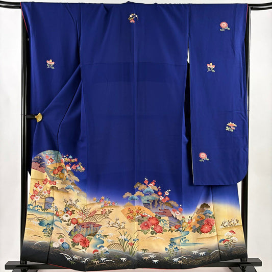 振袖禮服 身長159cm 袖長68cm L 雙層 扇子面 松樹竹子梅花 金彩裝飾 漸層 青 純蠶絲 秀品級 一つ紋