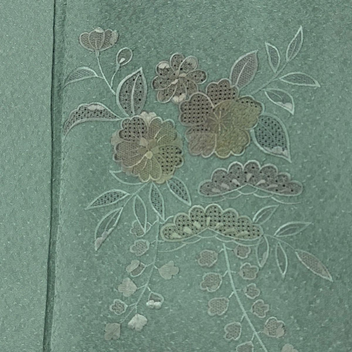 【美品】 付下 身長154cm 袖長64.5cm M 雙層 草木染 草花紋紋 刺繡 灰綠 純蠶絲 秀品級