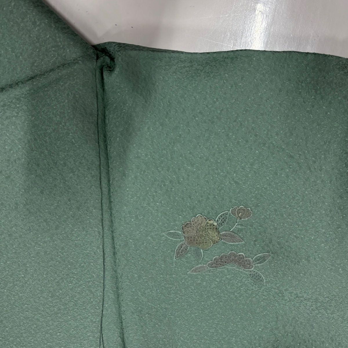 【美品】 付下 身長154cm 袖長64.5cm M 雙層 草木染 草花紋紋 刺繡 灰綠 純蠶絲 秀品級