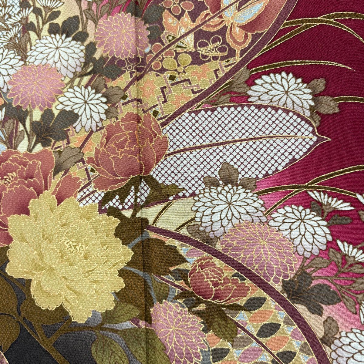 振袖禮服 身長160cm 袖長66.5cm M 雙層 草花紋紋 雪芝 金彩裝飾 漸層 紅 純蠶絲 優品級