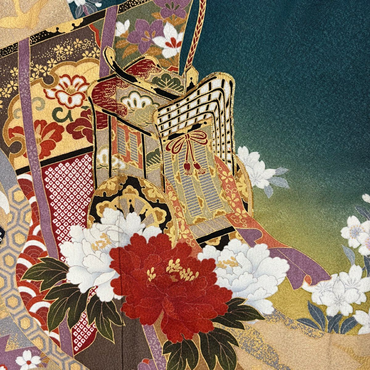 振袖禮服 身長160cm 袖長66cm M 雙層 御所車 几帳 金絲 金銀彩 深綠 純蠶絲 秀品級