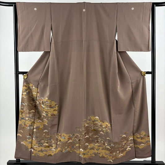 茶留袖禮服 身長157cm 袖長64.5cm M 雙層 松樹梅花 籠目 金絲 刺繡 茶 純蠶絲 秀品級 一個紋