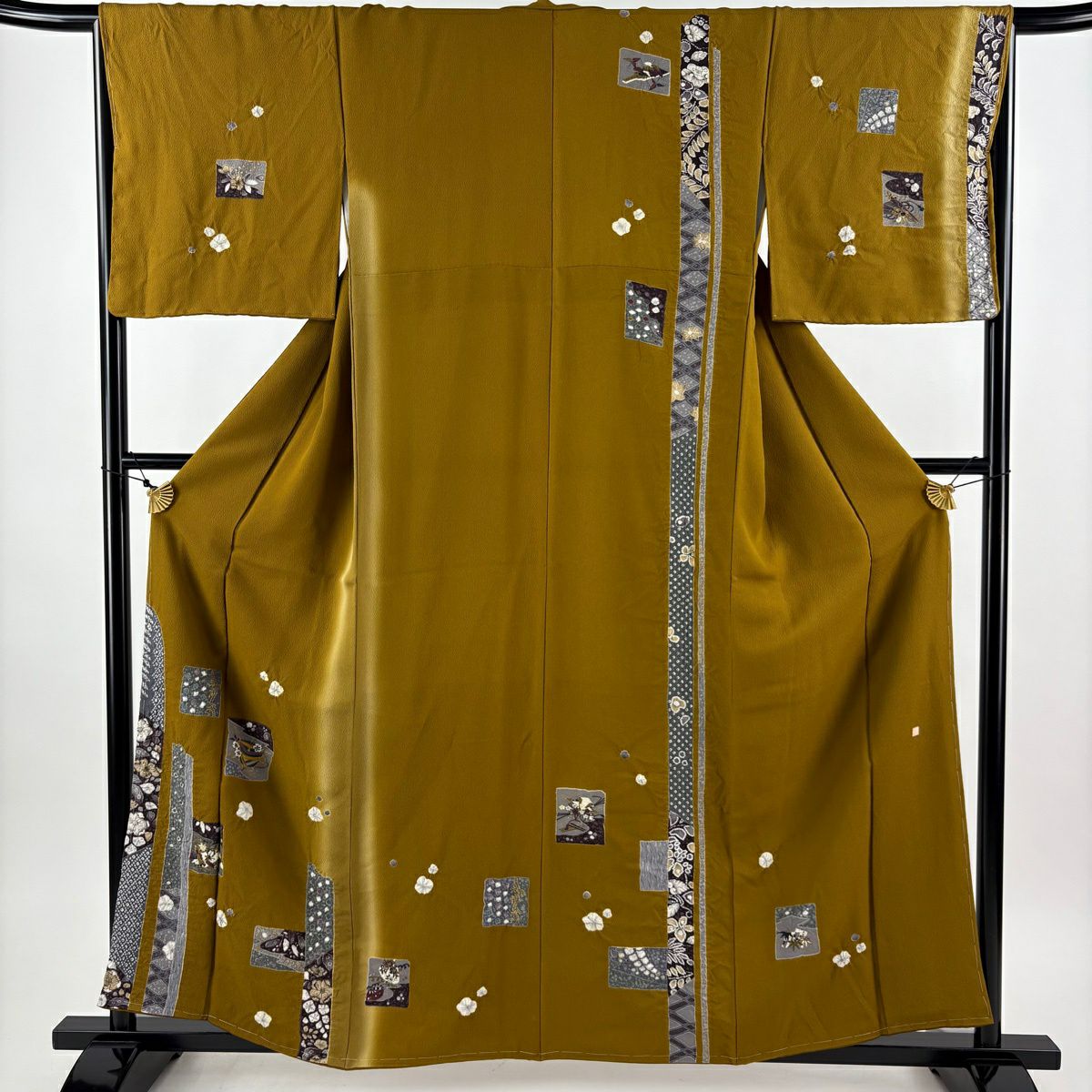 付下 身長161cm 袖長66.5cm M 雙層 落款あり 線圈 梅花花 刺繡 絞染 山吹茶 純蠶絲 優品級