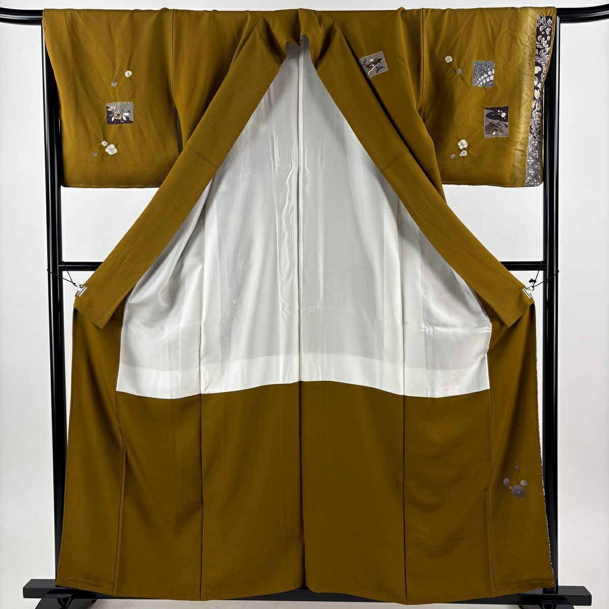 付下 身長161cm 袖長66.5cm M 雙層 落款あり 線圈 梅花花 刺繡 絞染 山吹茶 純蠶絲 優品級