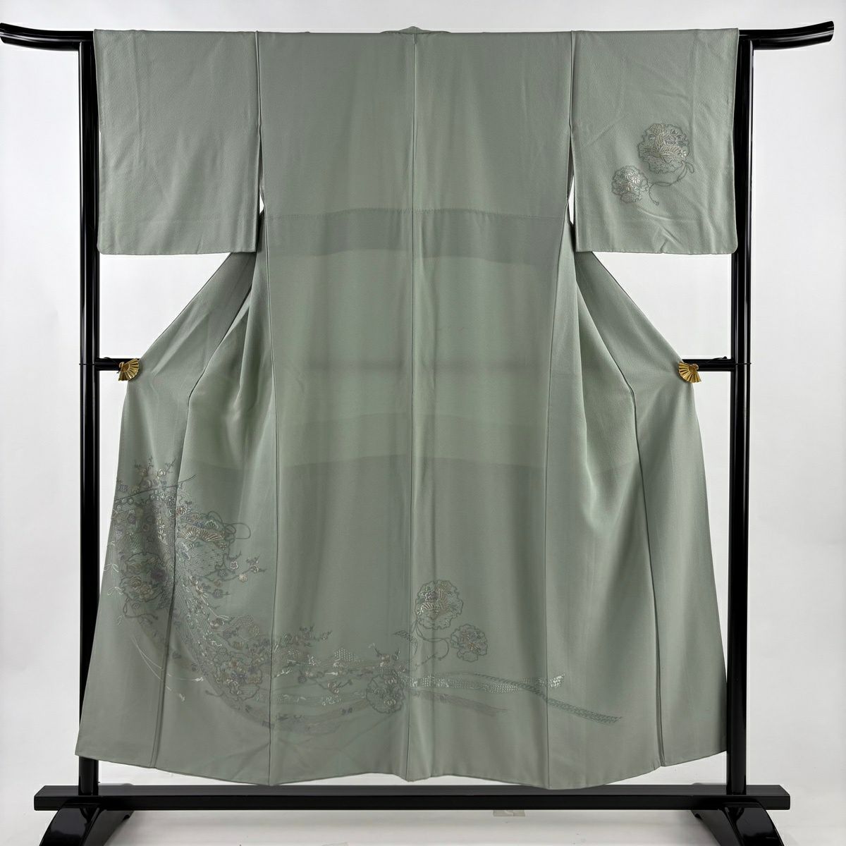 付下 身長152cm 袖長64.5cm M 雙層 幾帳 花鳥 刺繡 灰綠 純蠶絲 秀品級