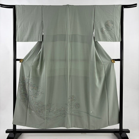 付下 身長152cm 袖長64.5cm M 雙層 幾帳 花鳥 刺繡 灰綠 純蠶絲 秀品級