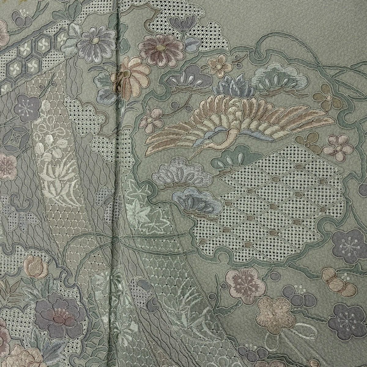 付下 身長152cm 袖長64.5cm M 雙層 幾帳 花鳥 刺繡 灰綠 純蠶絲 秀品級