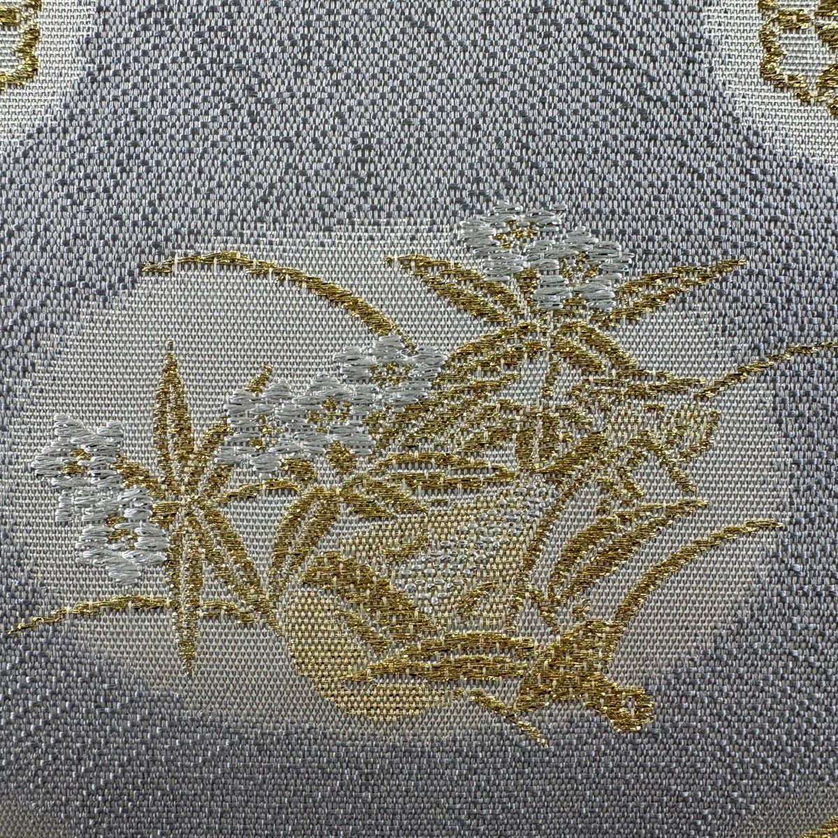 袋帶 秀品級 檜扇子 草花紋 金糸 金金箔 灰 深藍 六通 純蠶絲