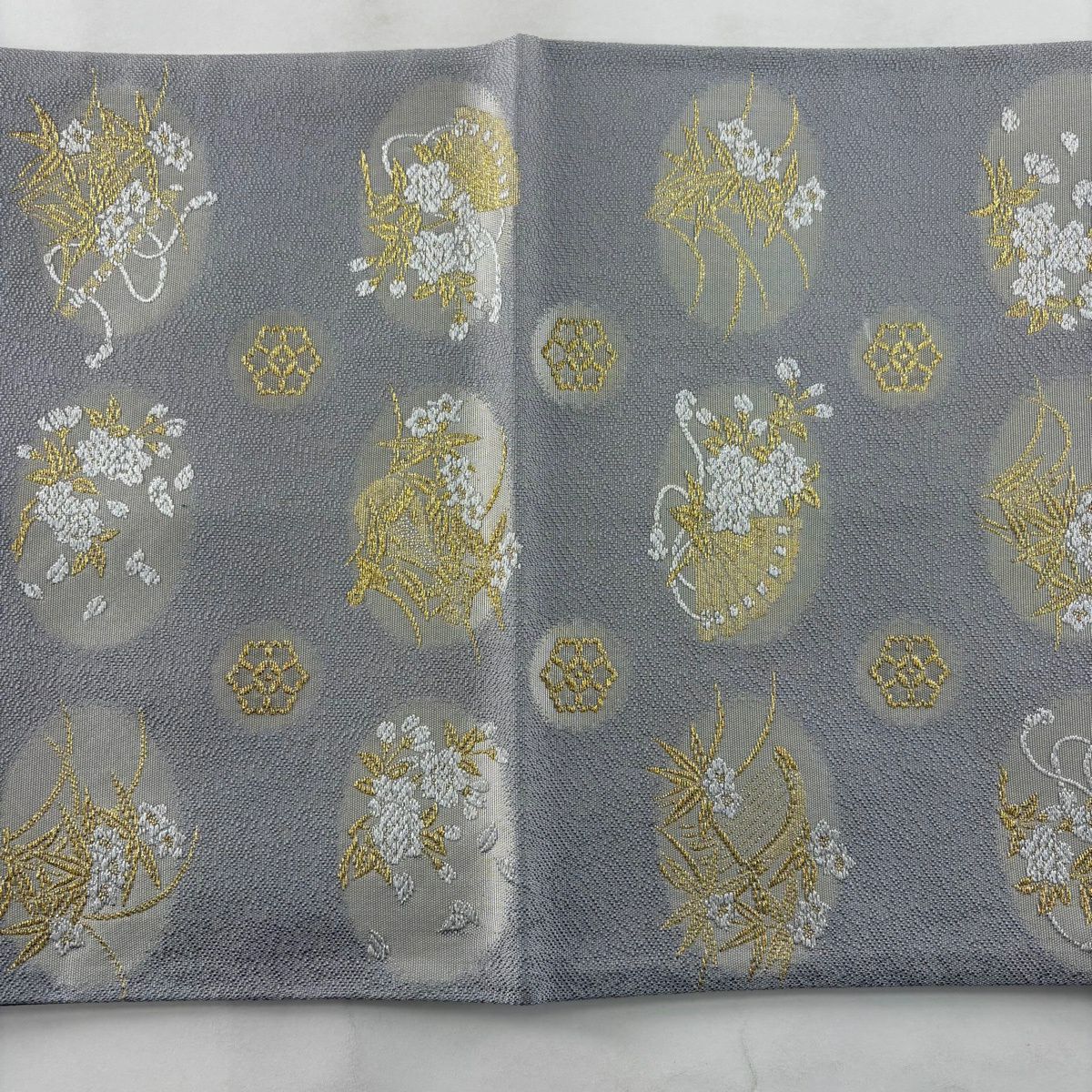 袋帶 秀品級 檜扇子 草花紋 金糸 金金箔 灰 深藍 六通 純蠶絲