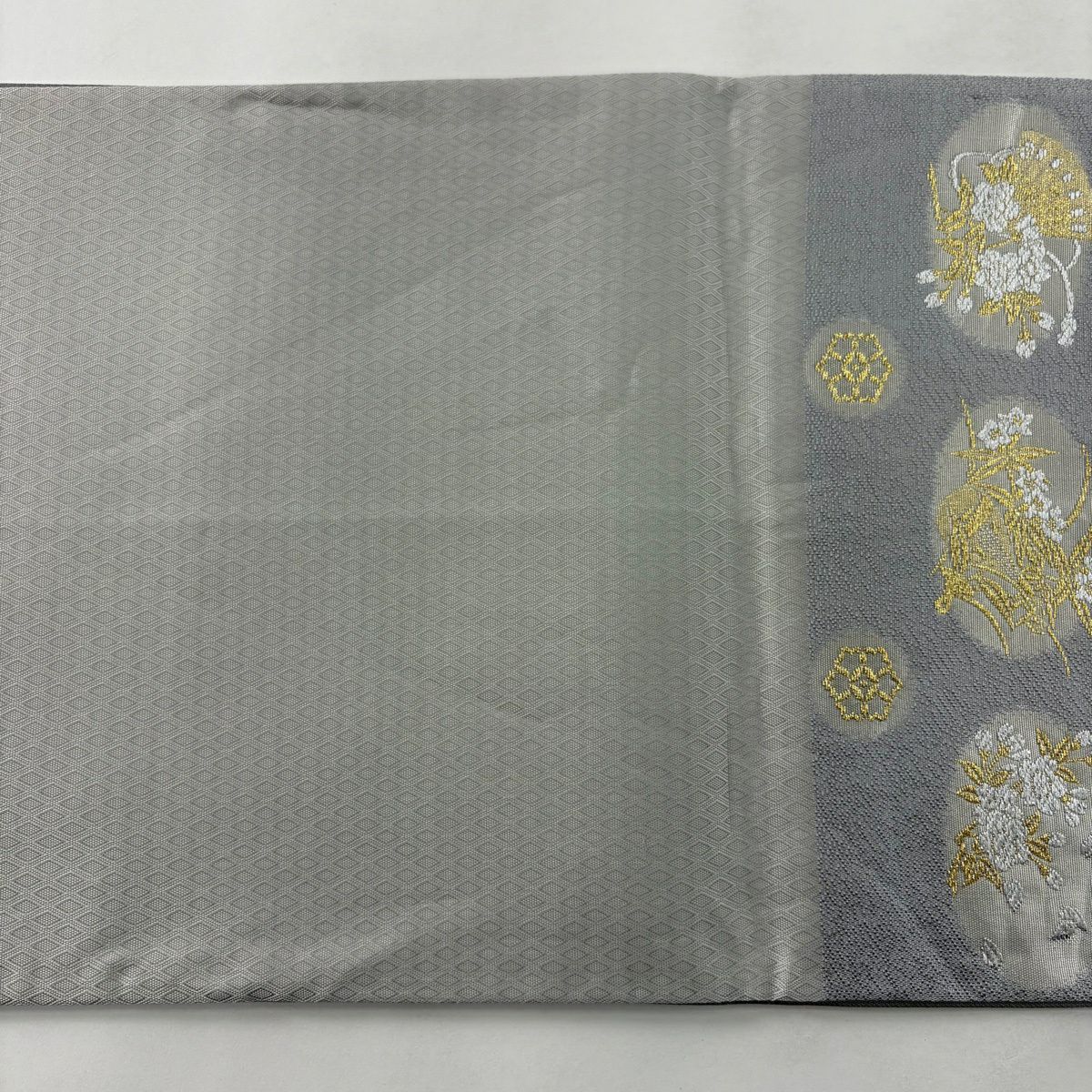 袋帶 秀品級 檜扇子 草花紋 金糸 金金箔 灰 深藍 六通 純蠶絲